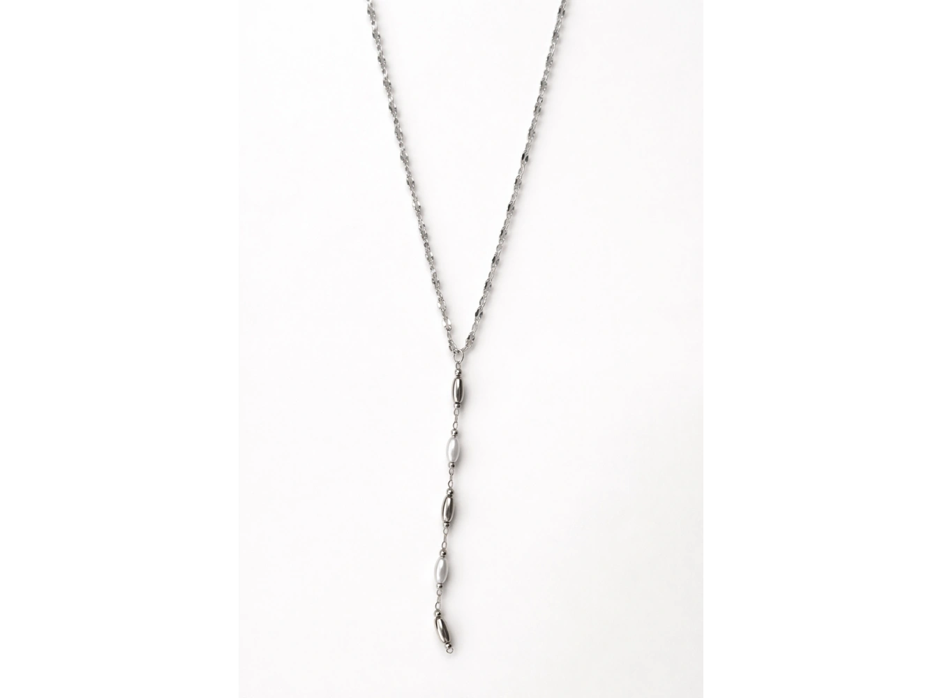 Gümüş Renk İnci Detaylı Çelik Y Kolye