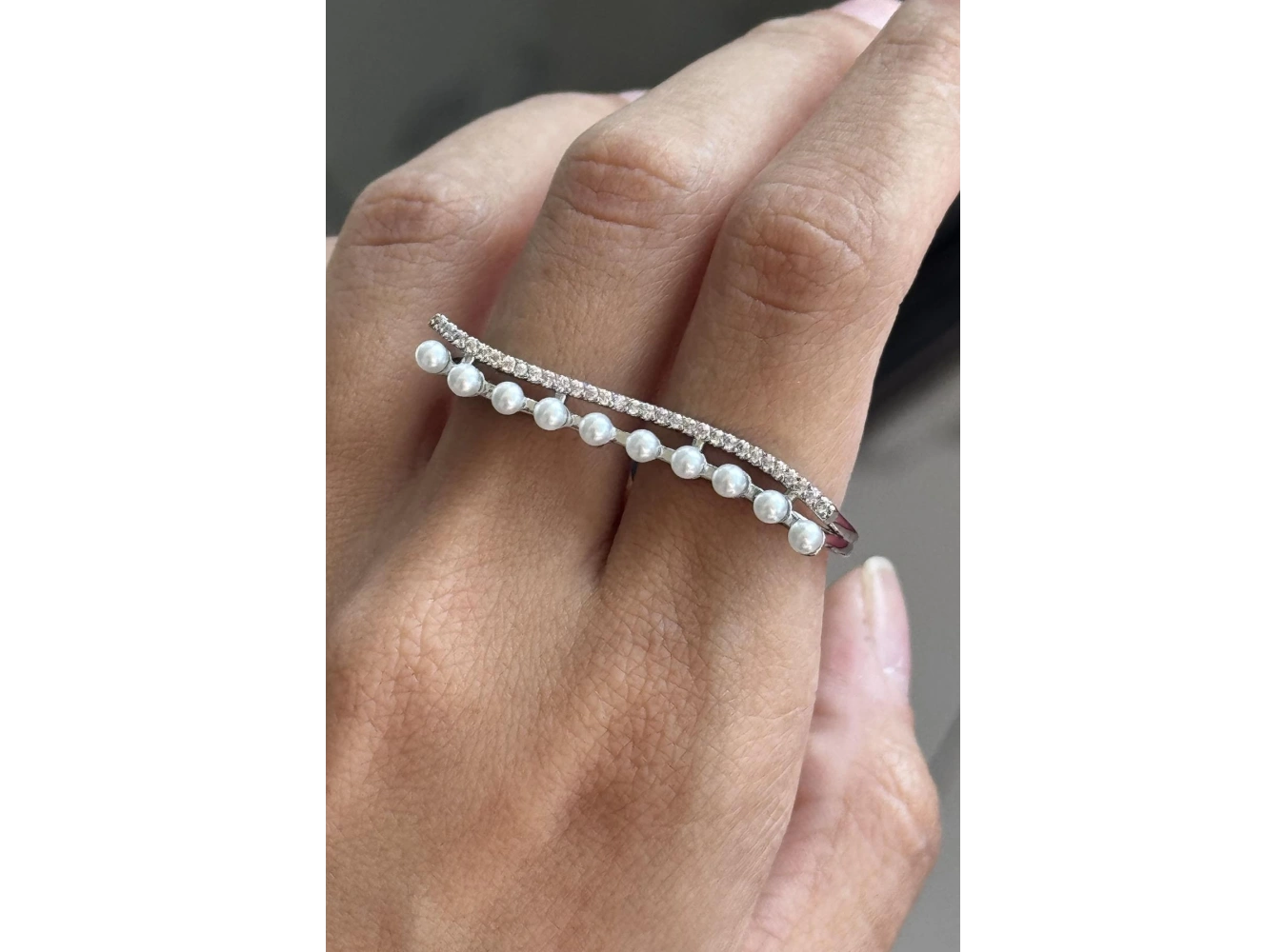 Gümüş Renk İnci Detaylı İkili Tasarım Yüzük