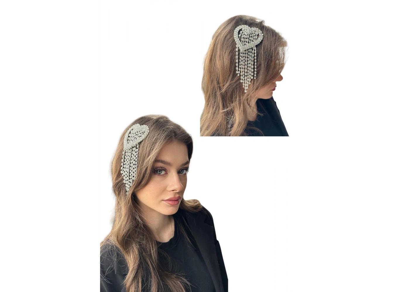 Gümüş Renk Kalp Detaylı Taşlı Tasarım Saç Aksesuarı