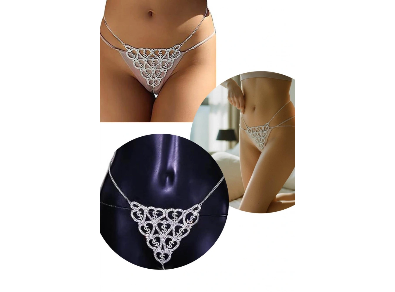 Gümüş Renk Kalp Figürlü Dolar Detaylı Taşlı Tanga