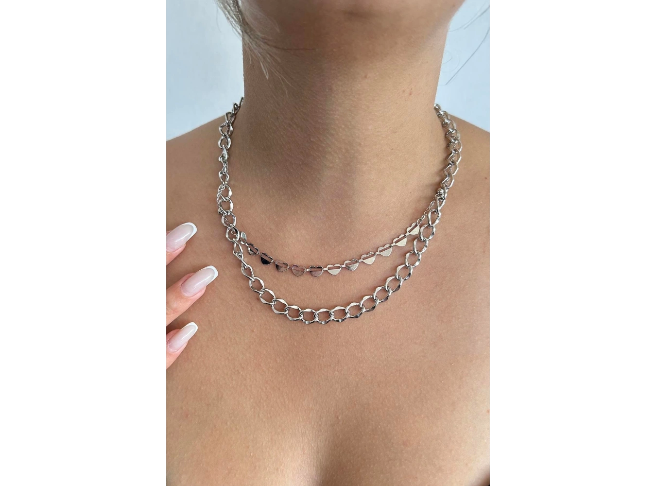 Gümüş Renk Kalp Figürlü İkili Kolye