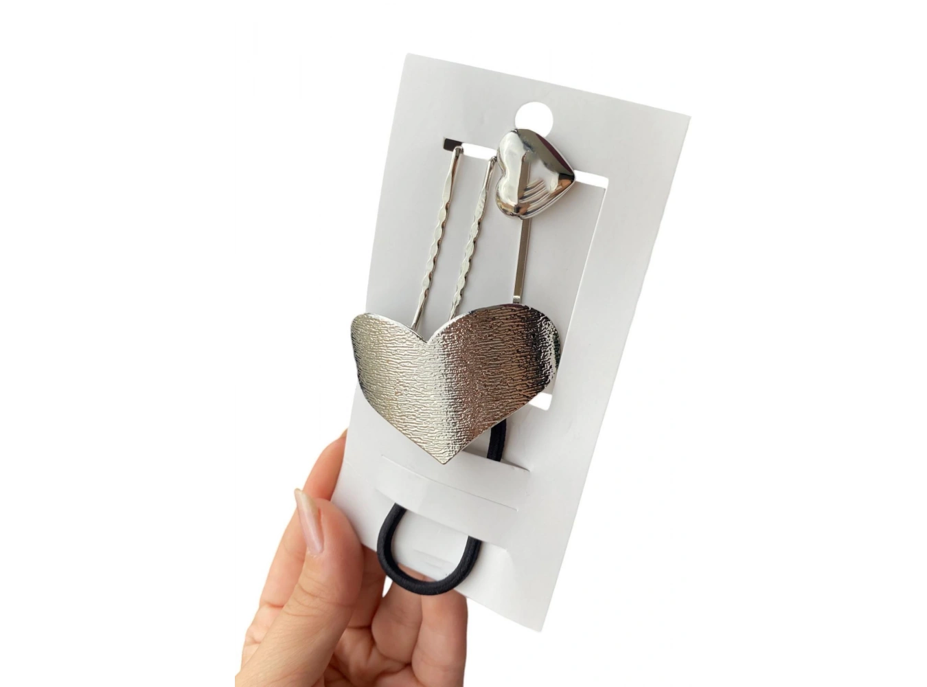 Gümüş Renk Kalp Figürlü Lastik Ve Tel Toka Set