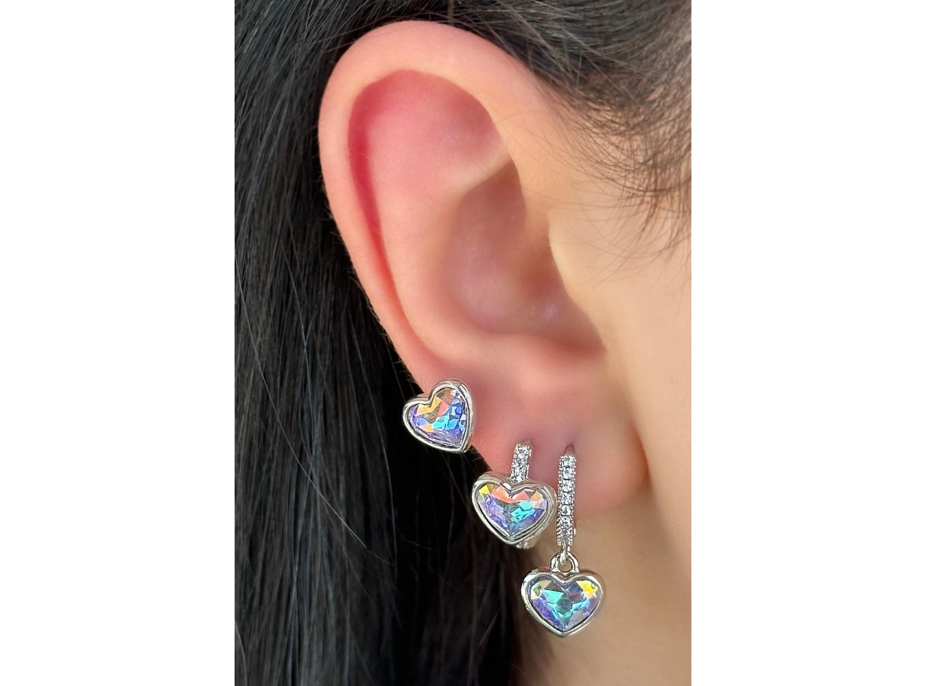 Gümüş Renk Kalp Figürlü Taş Detaylı 3lü YSX Küpe Set