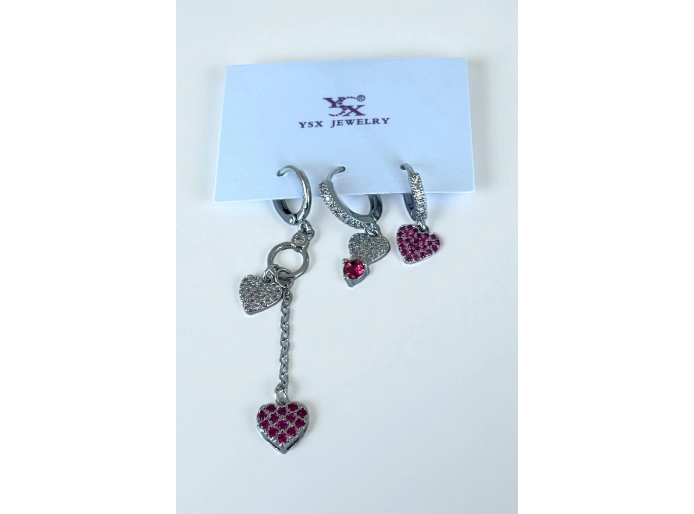 Gümüş Renk Kalp Figürlü Taş Detaylı 6lı YSX Küpe Set