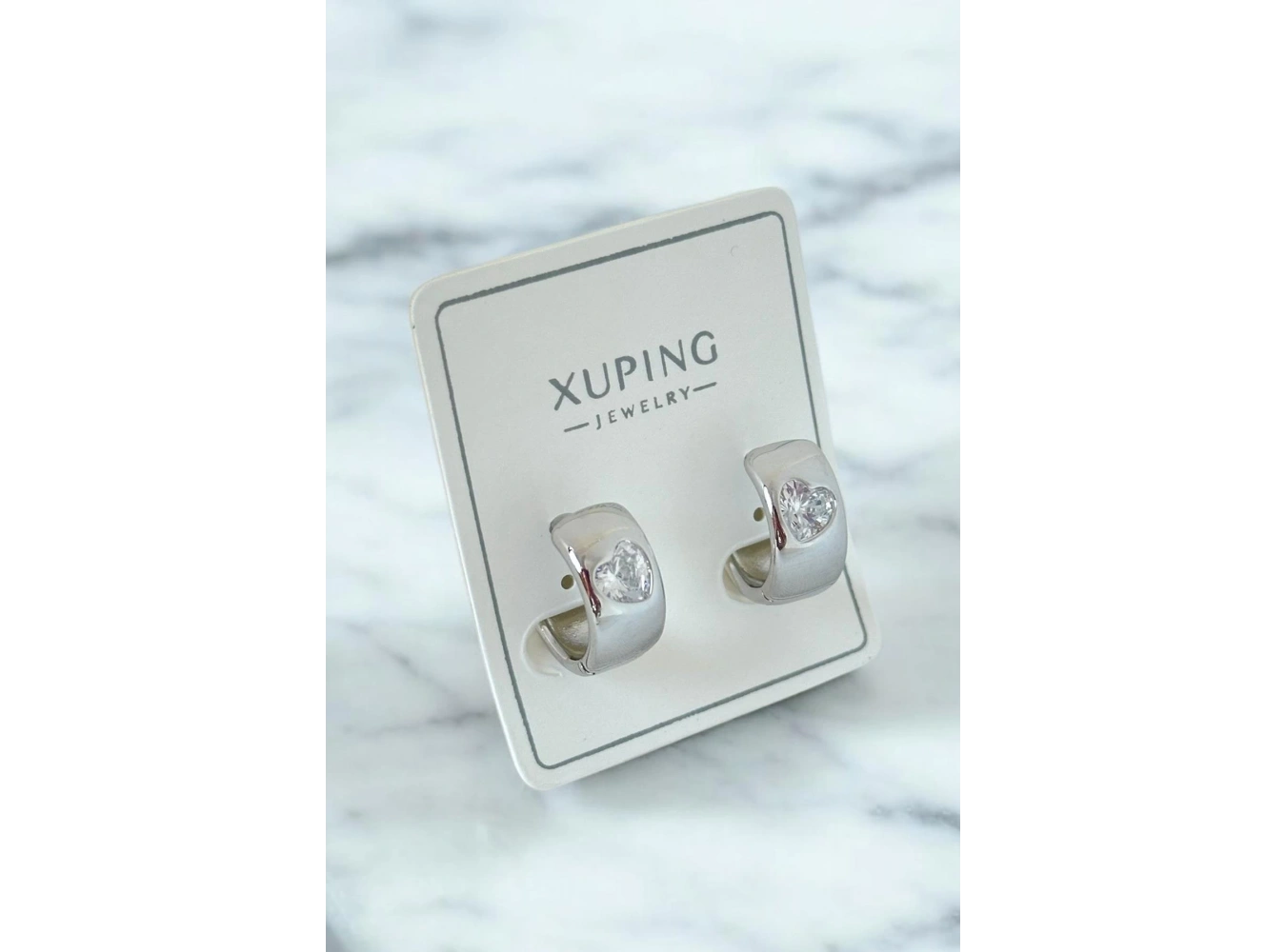 Gümüş Renk Kalp Figürlü Taş Detaylı Çelik Halka Xupıng Küpe (Çift)