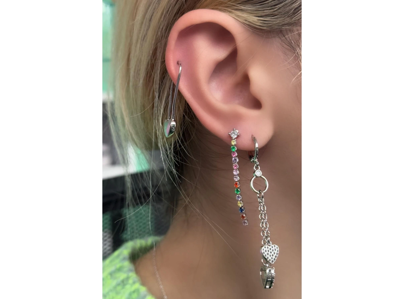 Gümüş Renk Kalp Figürlü Taş Detaylı VİP 3lü YSX Küpe Set