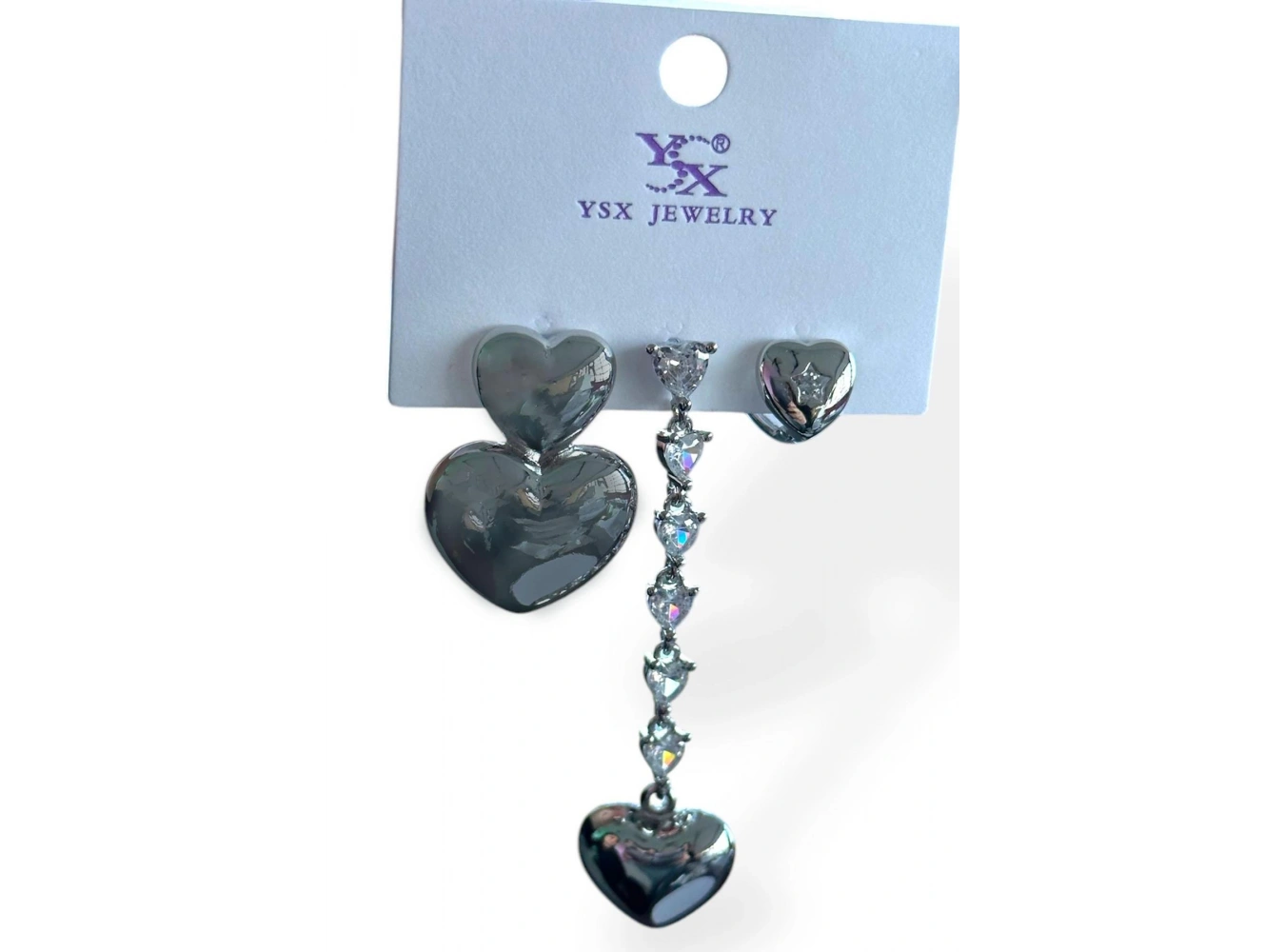 Gümüş Renk Kalp Figürlü Taş Detaylı VİP 3lü YSX Küpe Set