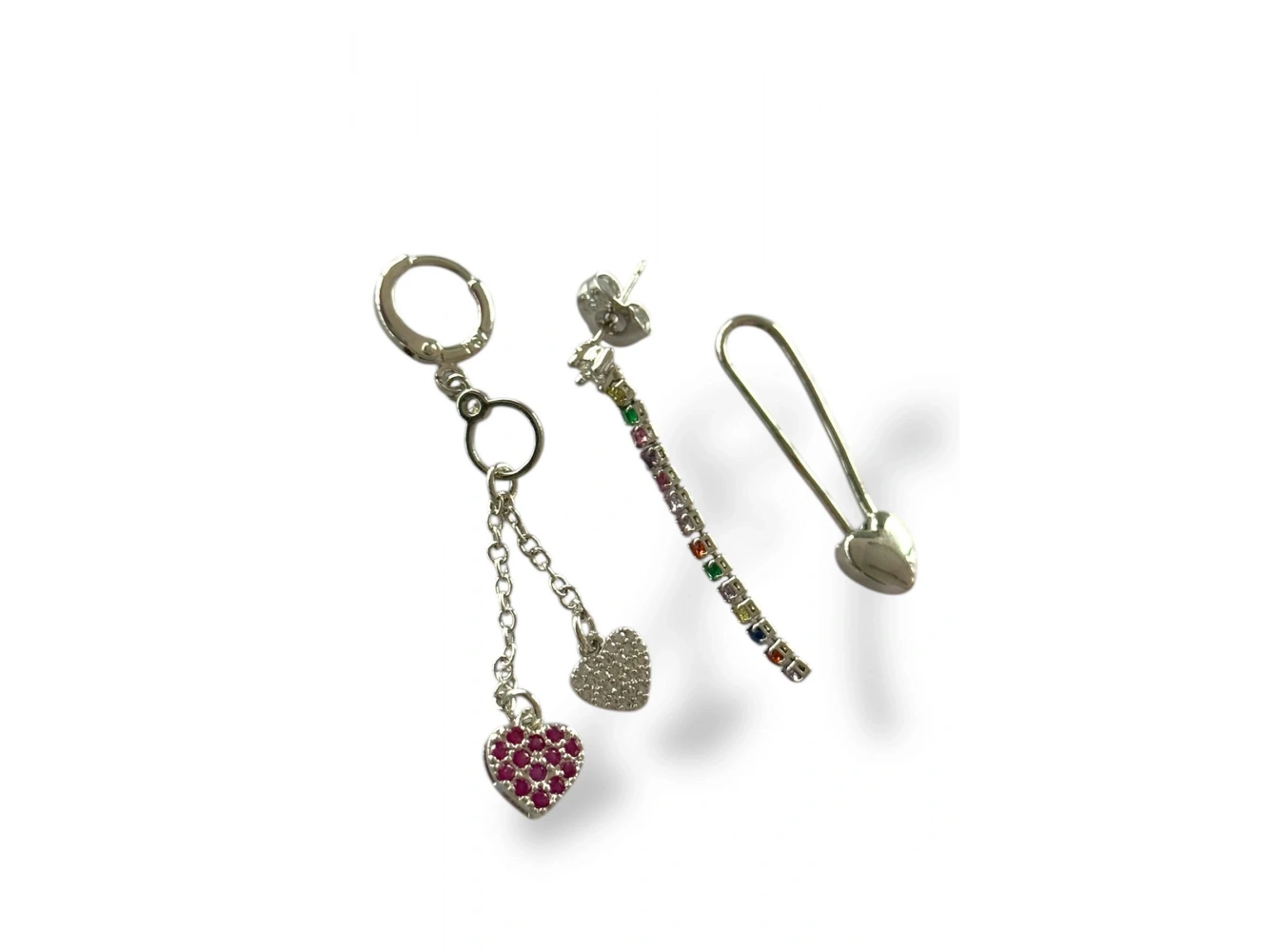 Gümüş Renk Kalp Figürlü Taş Detaylı VİP 3lü YSX Küpe Set