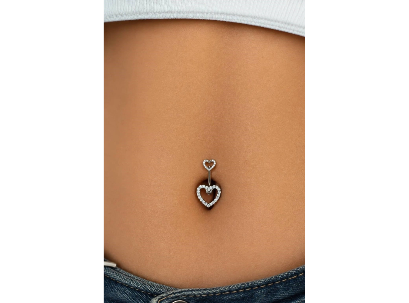 Gümüş Renk Kalp Figürlü Taşlı Cerrahi Çelik Göbek Piercing