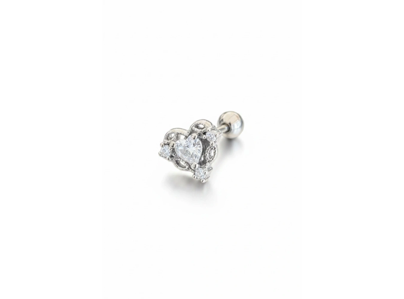 Gümüş Renk Kalp Figürlü Taşlı Cerrahi Çelik Tragus/Kıkırdak Küpe/Piercing (Tek)