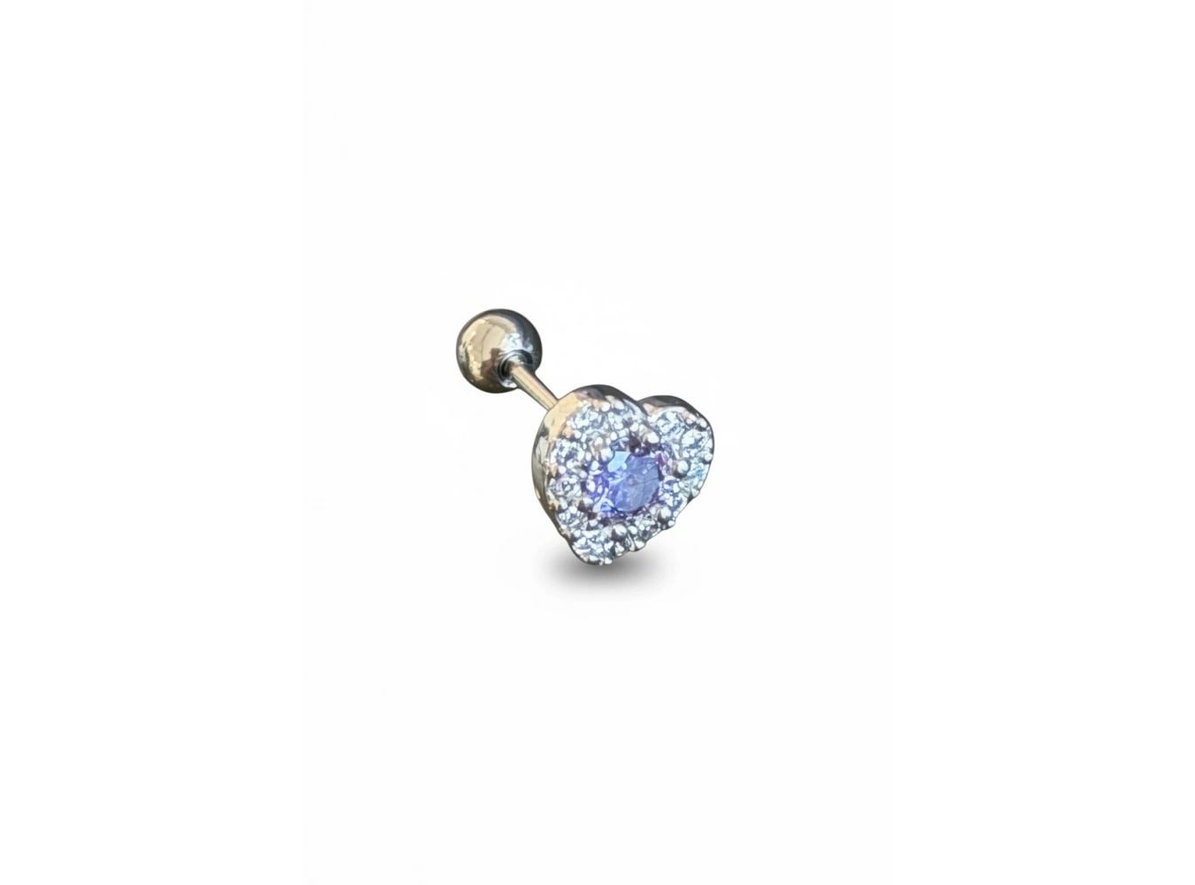 Gümüş Renk Kalp Figürlü Taşlı Cerrahi Çelik Tragus/Kıkırdak Küpe/Piercing (Tek)