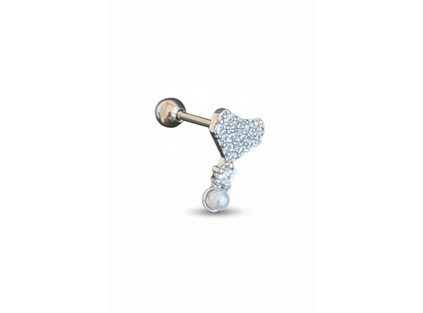 Gümüş Renk Kalp Figürlü Taşlı Cerrahi Çelik Tragus/Kıkırdak Küpe/Piercing (Tek)