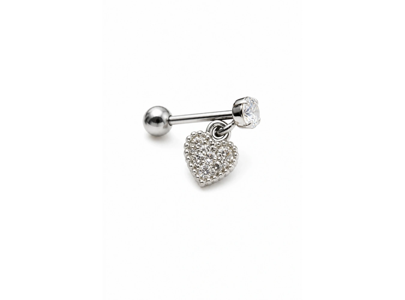 Gümüş Renk Kalp Figürlü Taşlı Cerrahi Çelik Tragus/Kıkırdak Küpe/Piercing (Tek)