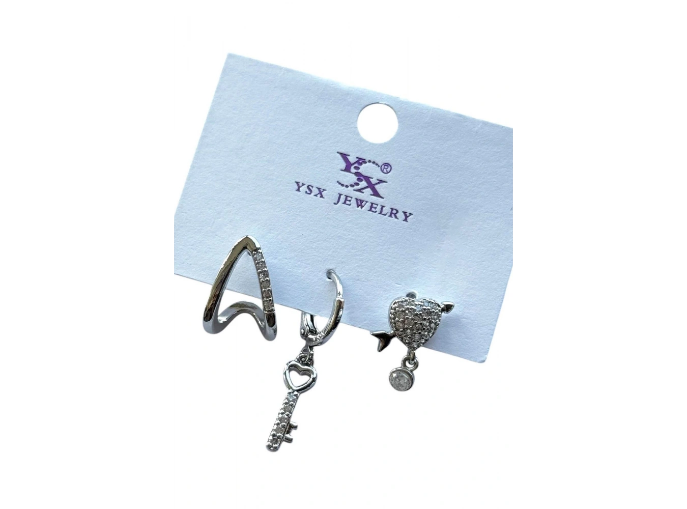 Gümüş Renk Kalp Ve Anahtar Figürlü Taş Detaylı VİP 3lü YSX Küpe Set