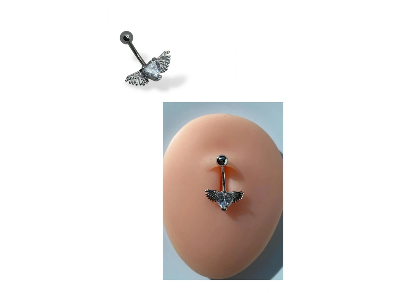 Gümüş Renk Kalp Ve Kanat Figürlü Taş Detaylı Cerrahi Çelik Göbek Piercing