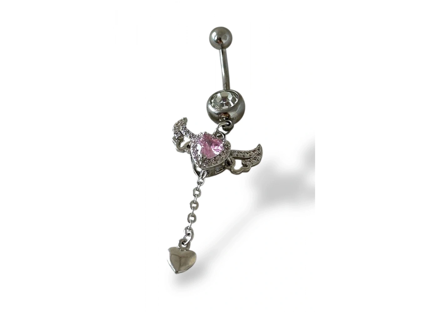 Gümüş Renk Kalp Ve Kanat Figürlü Taş Detaylı Cerrahi Çelik Göbek Piercing
