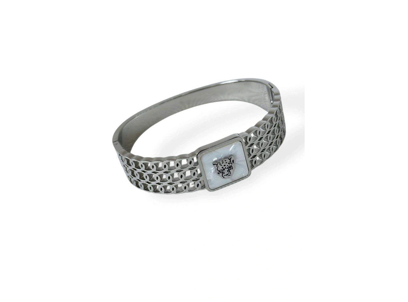 Gümüş Renk Kaplan Figürlü Çelik Kelepçe Bileklik