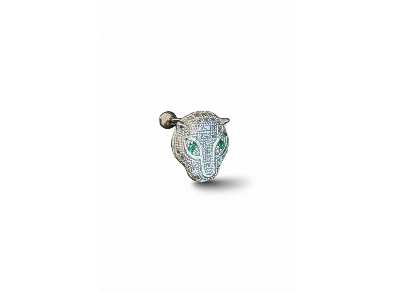 Gümüş Renk Kaplan Figürlü Taşlı Cerrahi Çelik Tragus/Kıkırdak Küpe/Piercing (Tek)