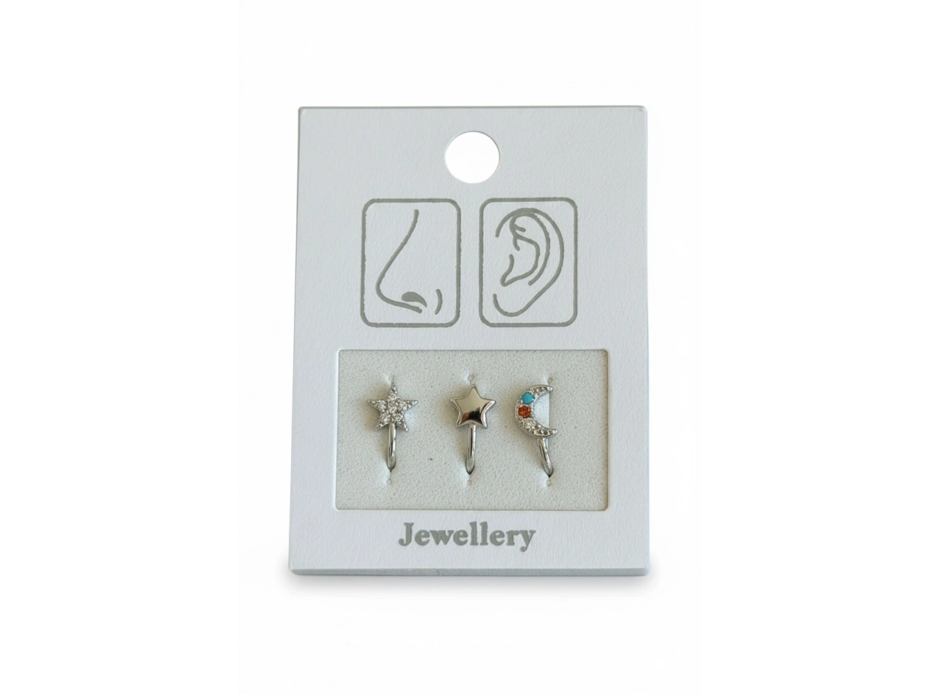 Gümüş Renk Karışık Figürlü Deliksiz Kulak/Burun 3lü Piercing Set