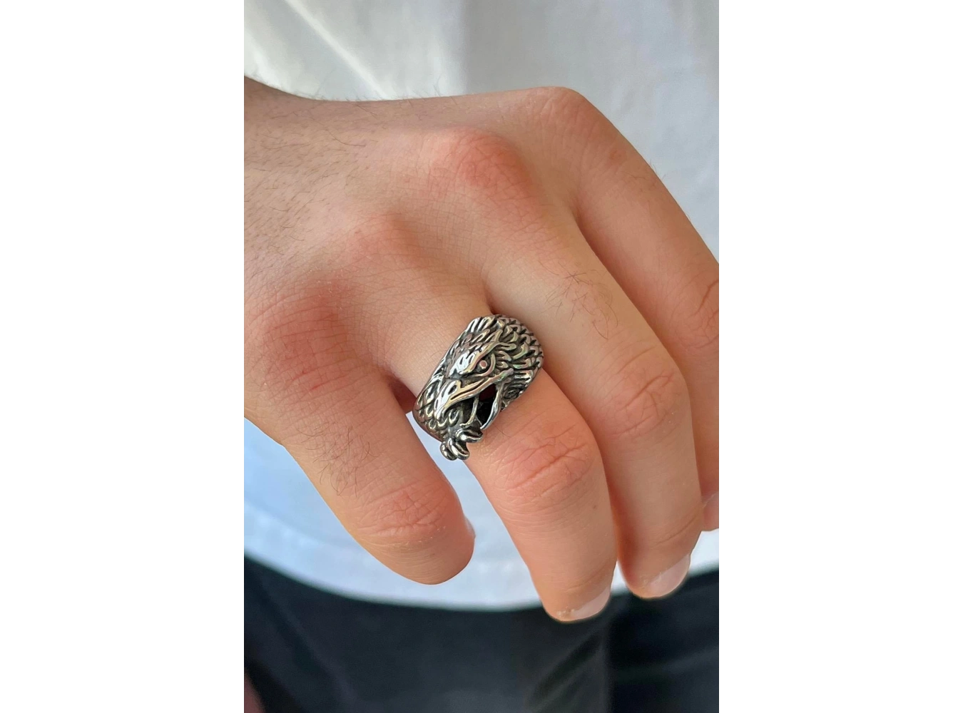 Gümüş Renk Kartal Figürlü Ayarlanabilir Çelik Erkek Yüzük