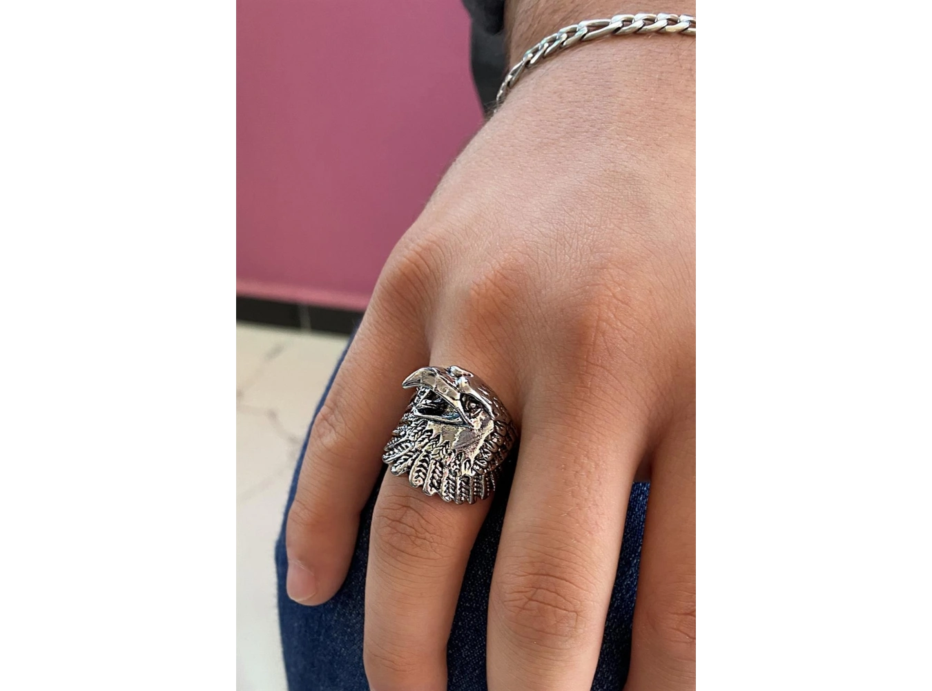 Gümüş Renk Kartal Figürlü Ayarlanabilir Erkek Yüzük