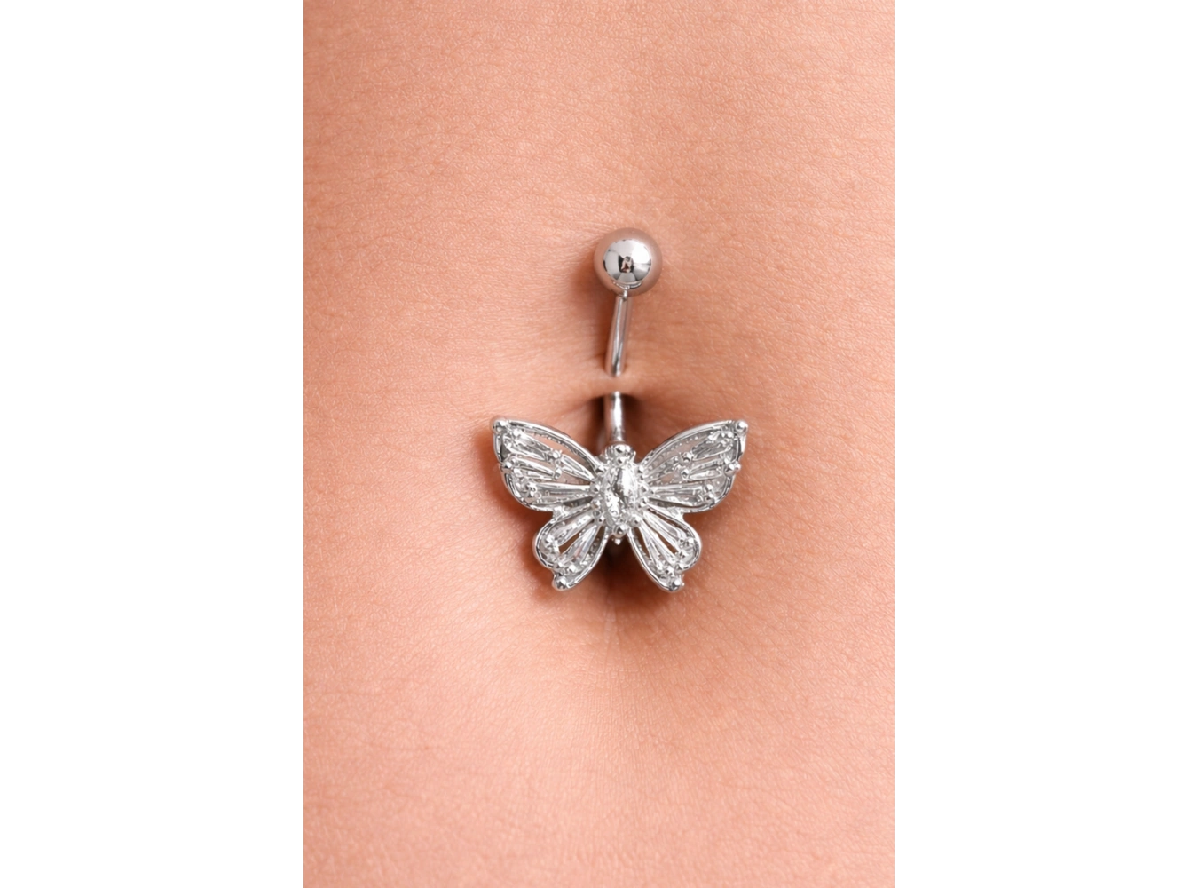 Gümüş Renk Kelebek Figürlü Cerrahi Çelik Göbek Piercing