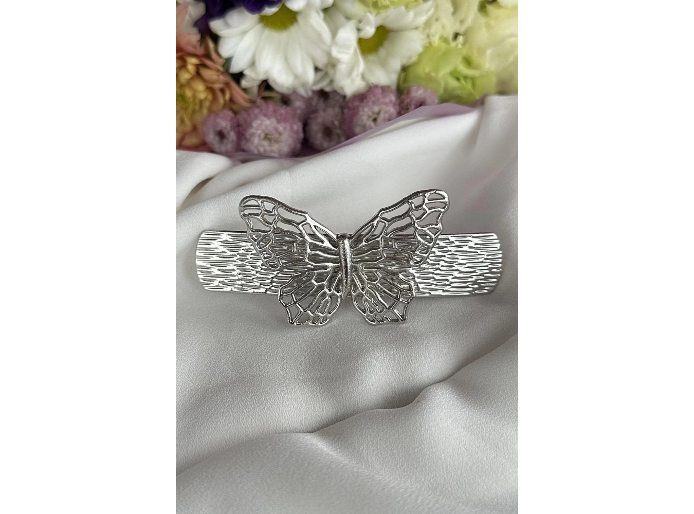 Gümüş Renk Kelebek Figürlü Metal Otomat Toka