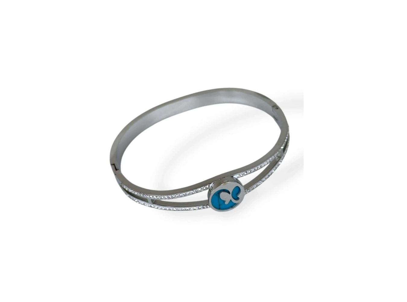 Gümüş Renk Kelebek Figürlü Taş Detaylı Çelik Kelepçe Bileklik