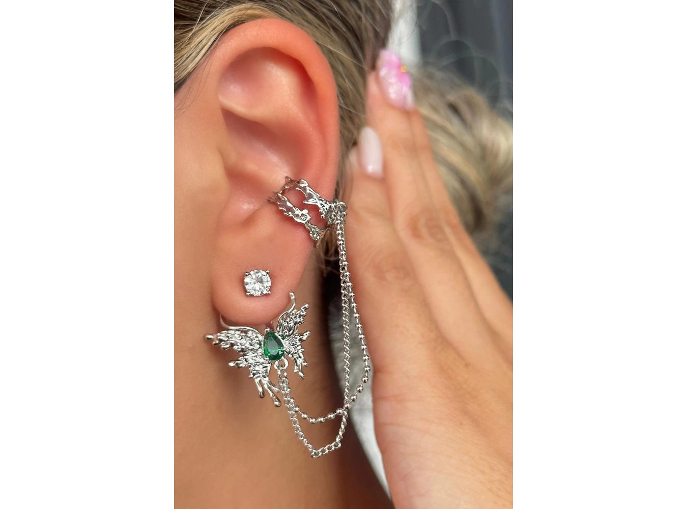 Gümüş Renk Kelebek Figürlü Taş Detaylı İkili Ear Cuff Küpe Set