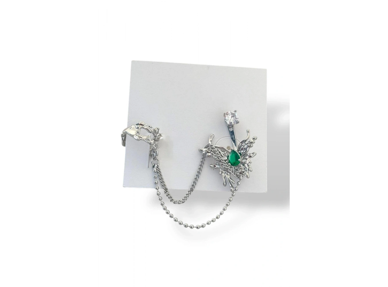 Gümüş Renk Kelebek Figürlü Taş Detaylı İkili Ear Cuff Küpe Set