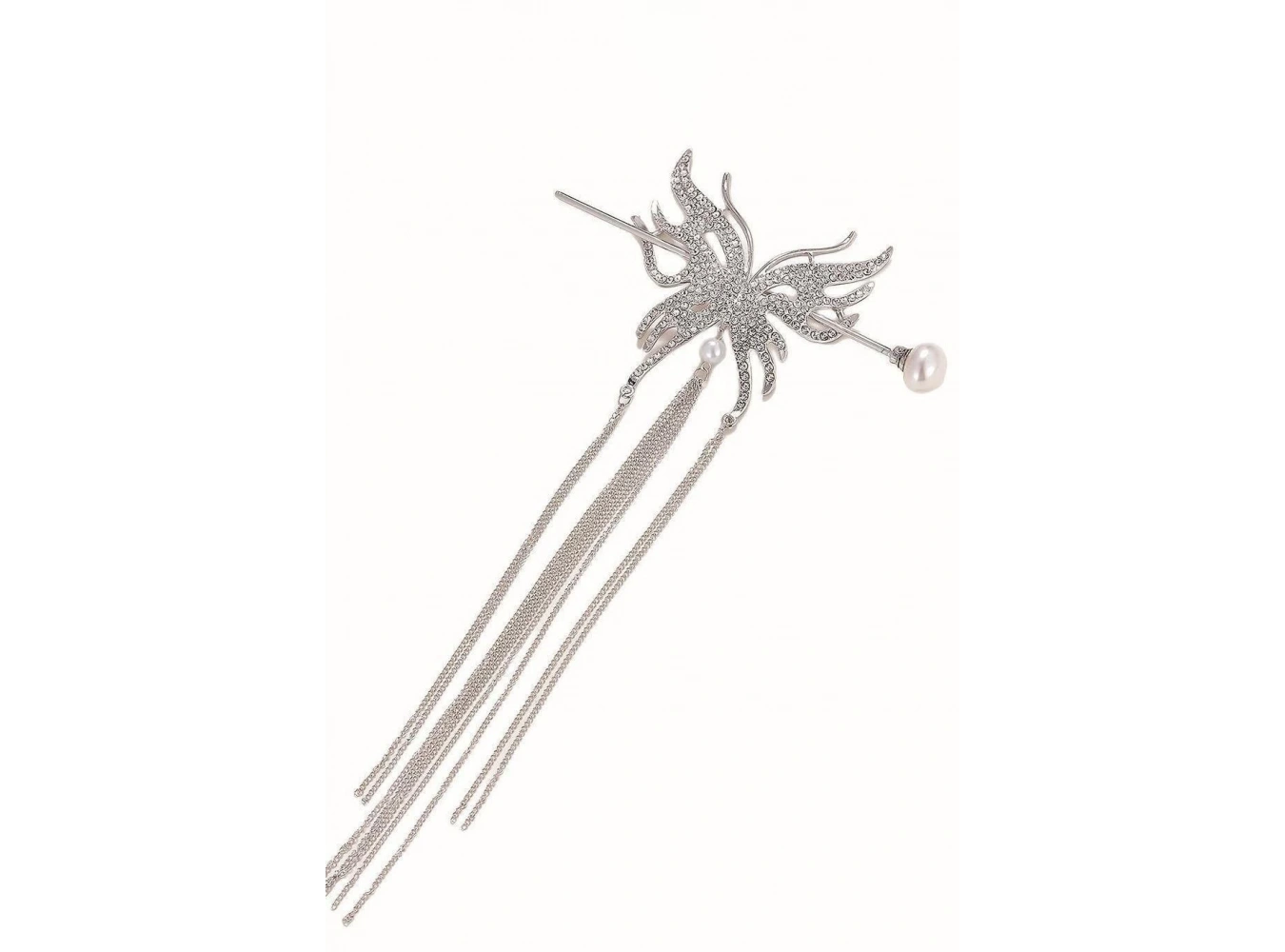 Gümüş Renk Kelebek Figürlü Taşlı Sallantılı Topuz Toka