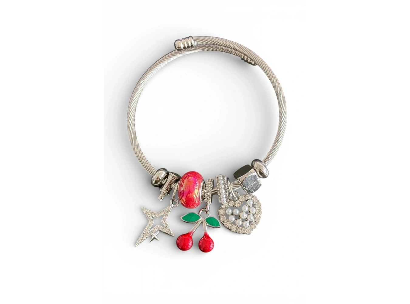 Gümüş Renk Kiraz Detaylı Çelik Pandora Bileklik