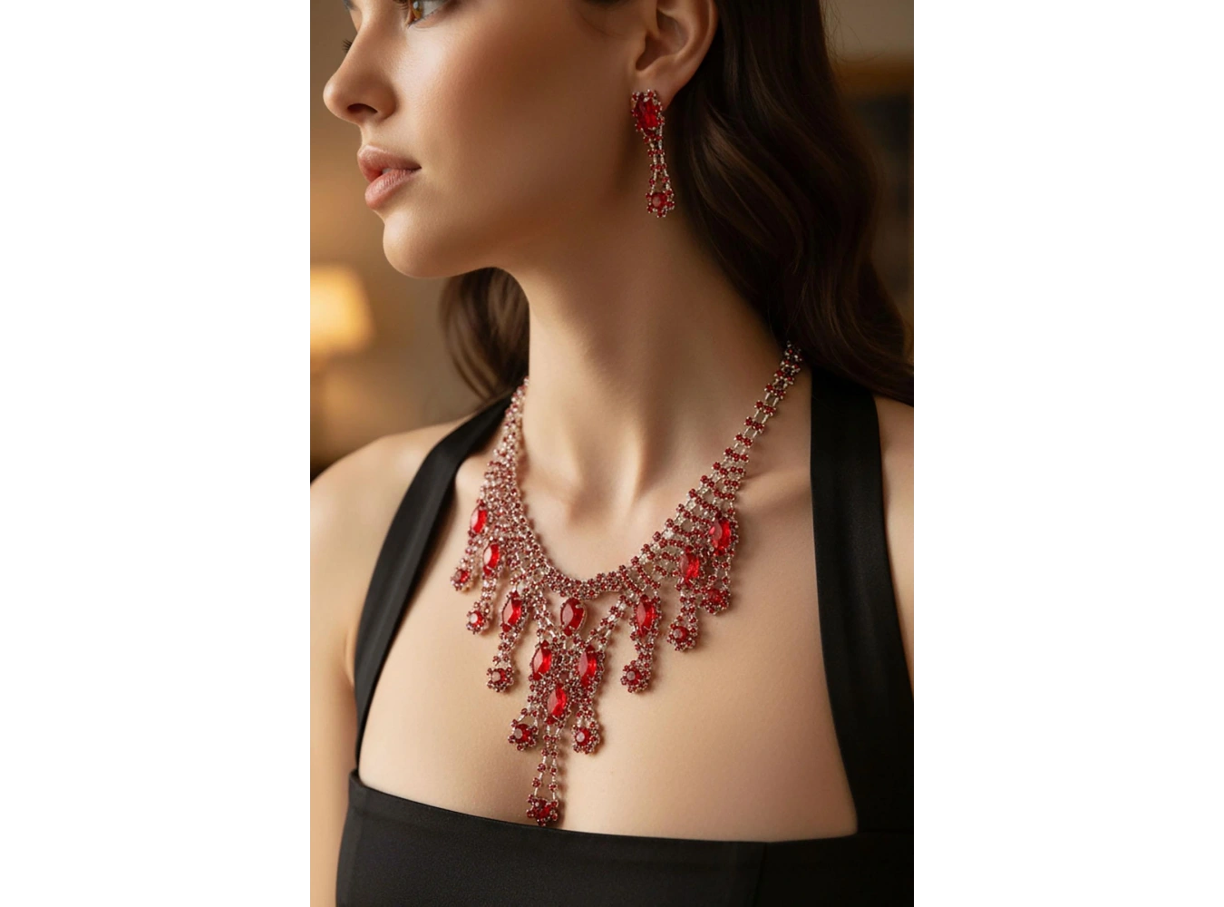 Gümüş Renk Kırmızı Taş Detaylı Abiye Set