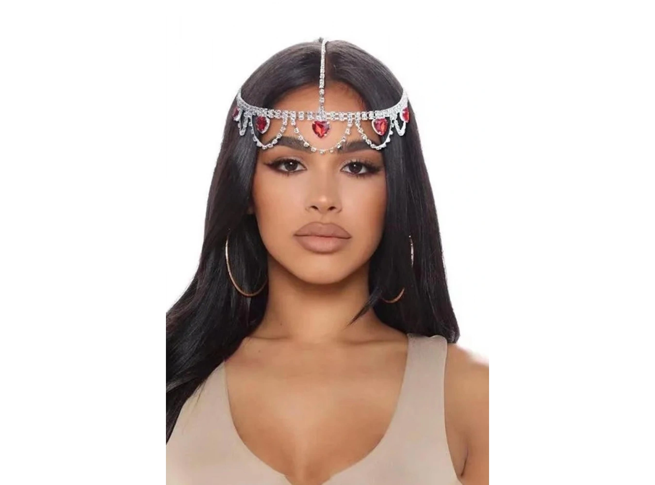 Gümüş Renk Kırmızı Taş Detaylı Alınlık/Kına Aksesuarı