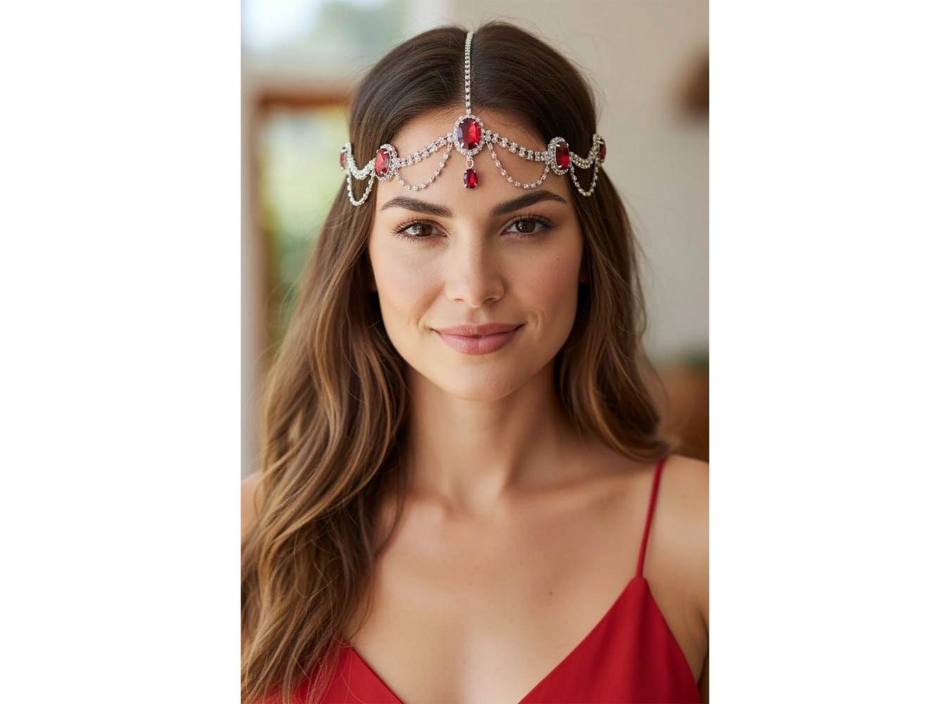 Gümüş Renk Kırmızı Taş Detaylı Alınlık/Kına Aksesuarı