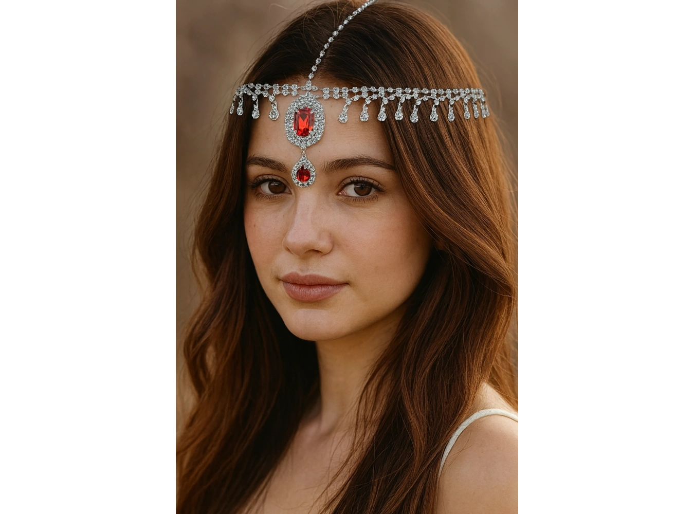 Gümüş Renk Kırmızı Taş Detaylı Alınlık/Kına Aksesuarı