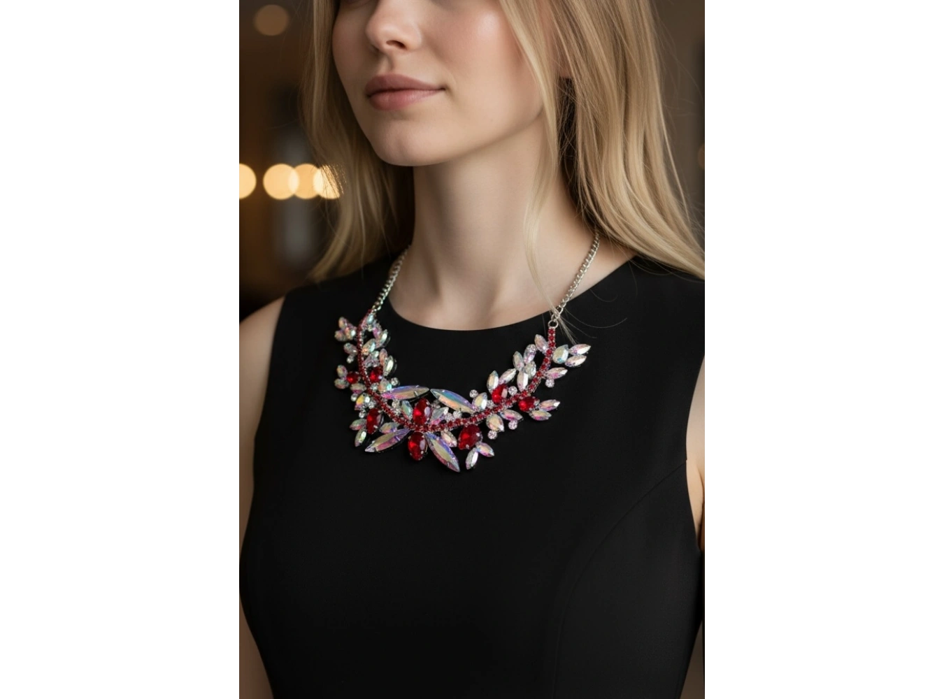 Gümüş Renk Kırmızı Taş Detaylı Tasarım Abiye Kolye