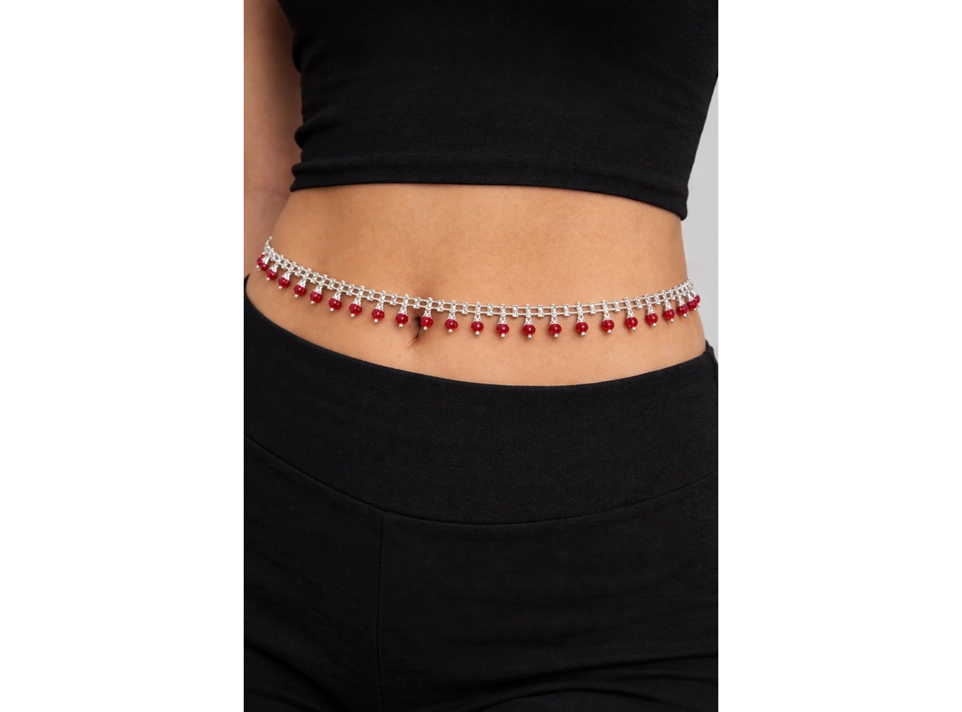 Gümüş Renk Kırmızı Taş Detaylı Tasarım Bel Zinciri/Vücut Aksesuar