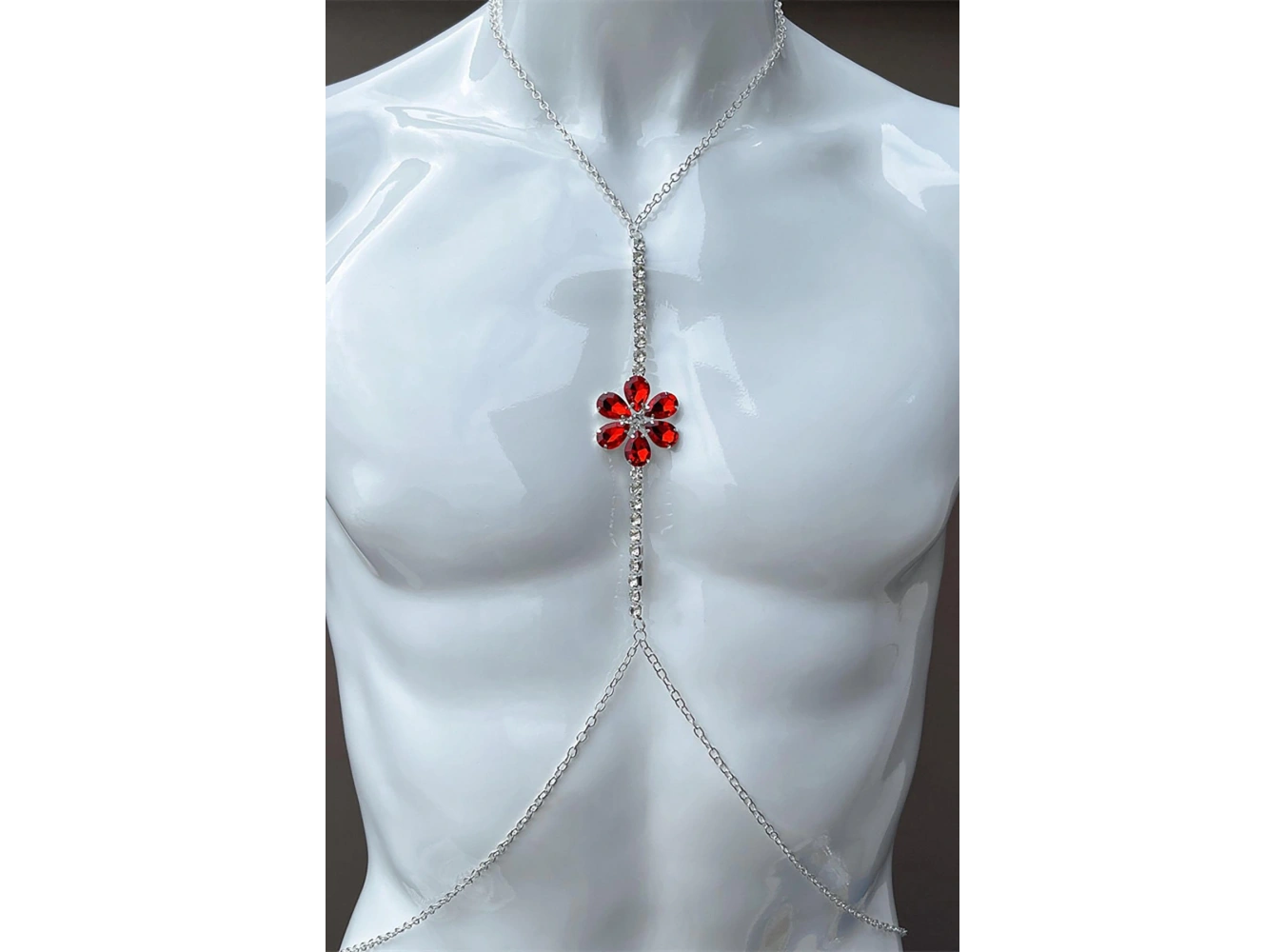Gümüş Renk Çiçek Figürlü Kırmızı Taş Detaylı Tasarım Vücut Aksesuar