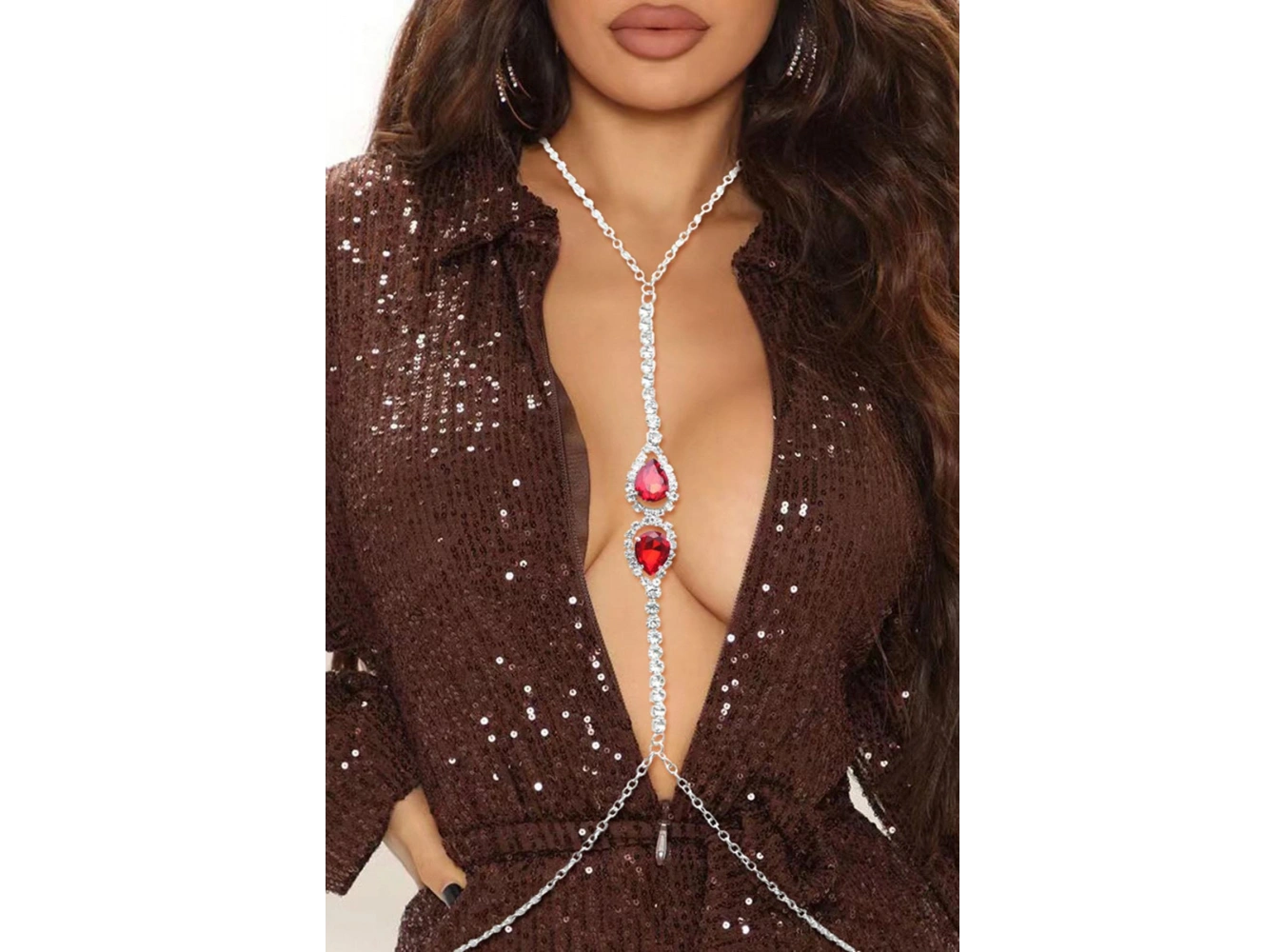 Gümüş Renk Kırmızı Taş Detaylı Tasarım Vücut Aksesuar