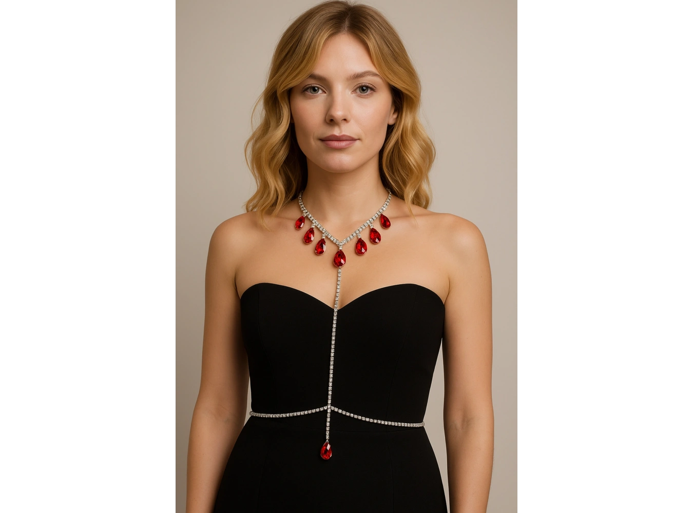 Gümüş Renk Kırmızı Taş Detaylı Tasarım Vücut Aksesuar