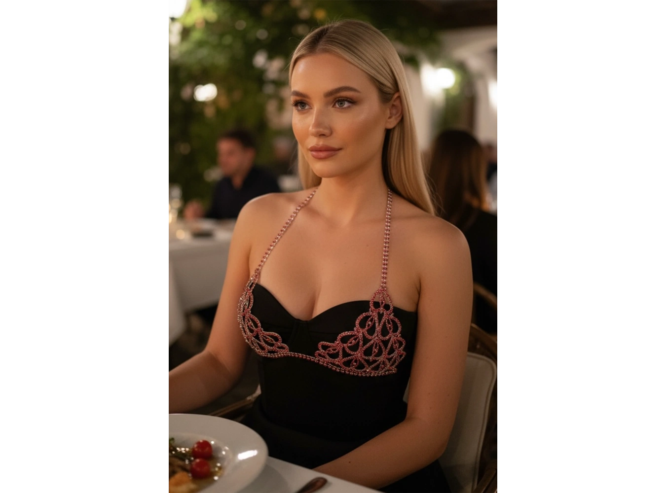 Gümüş Renk Kırmızı Taşlı Bikini Üstü /Bralet /Vücut Aksesuarı