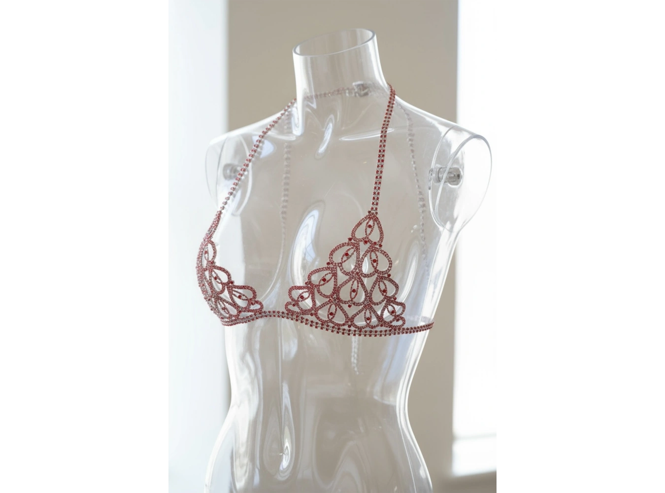 Gümüş Renk Kırmızı Taşlı Bikini Üstü /Bralet /Vücut Aksesuarı