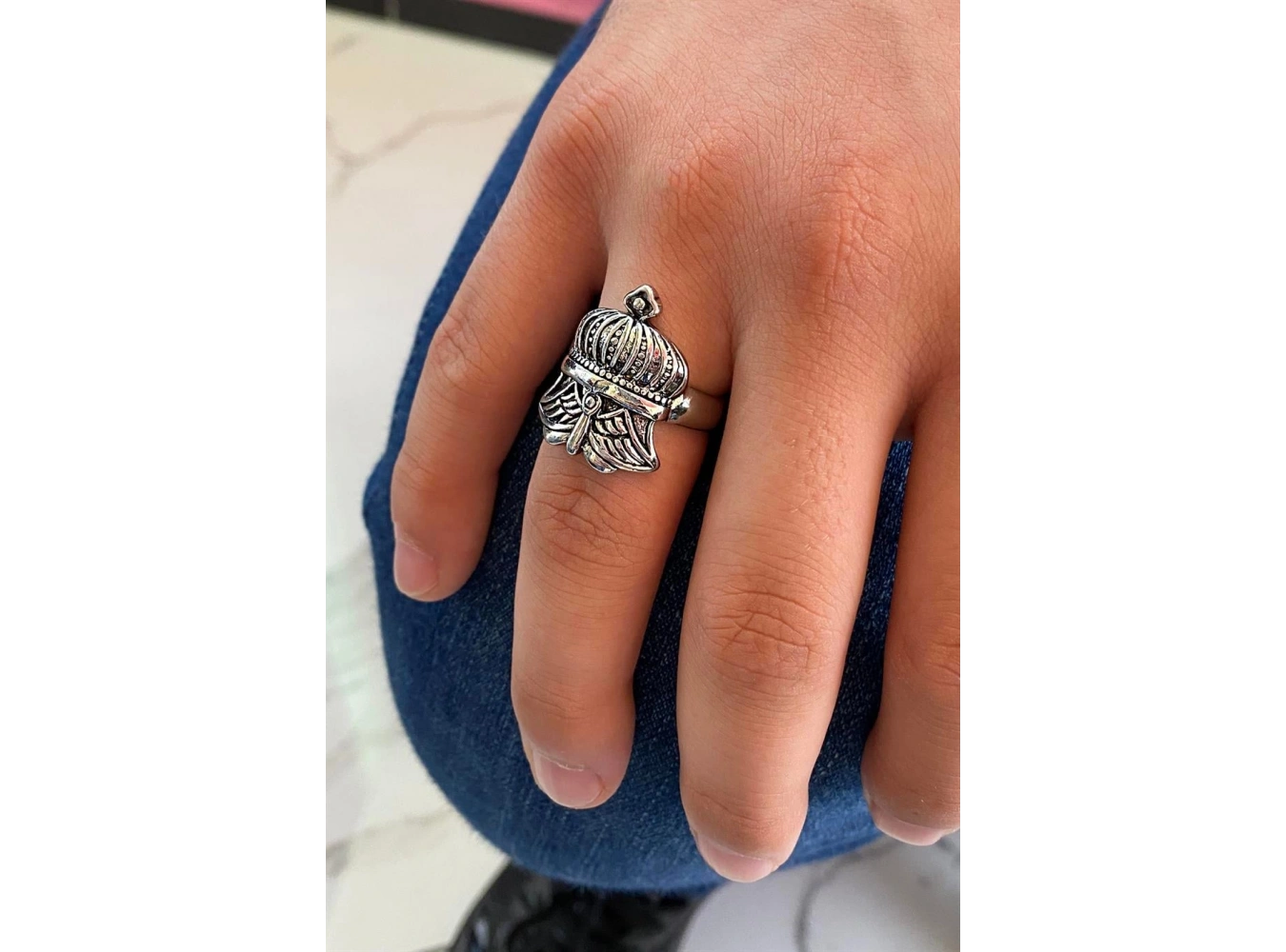 Gümüş Renk Kral Tacı Figürlü Ayarlanabilir Erkek Yüzük