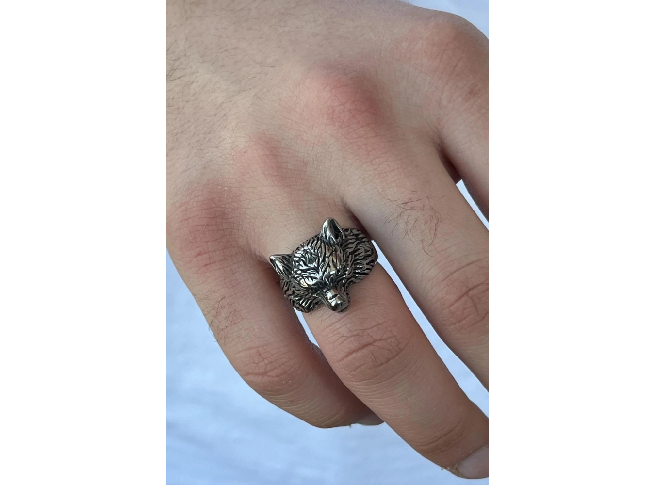 Gümüş Renk Kurt Figürlü Ayarlanabilir Çelik Erkek Yüzük