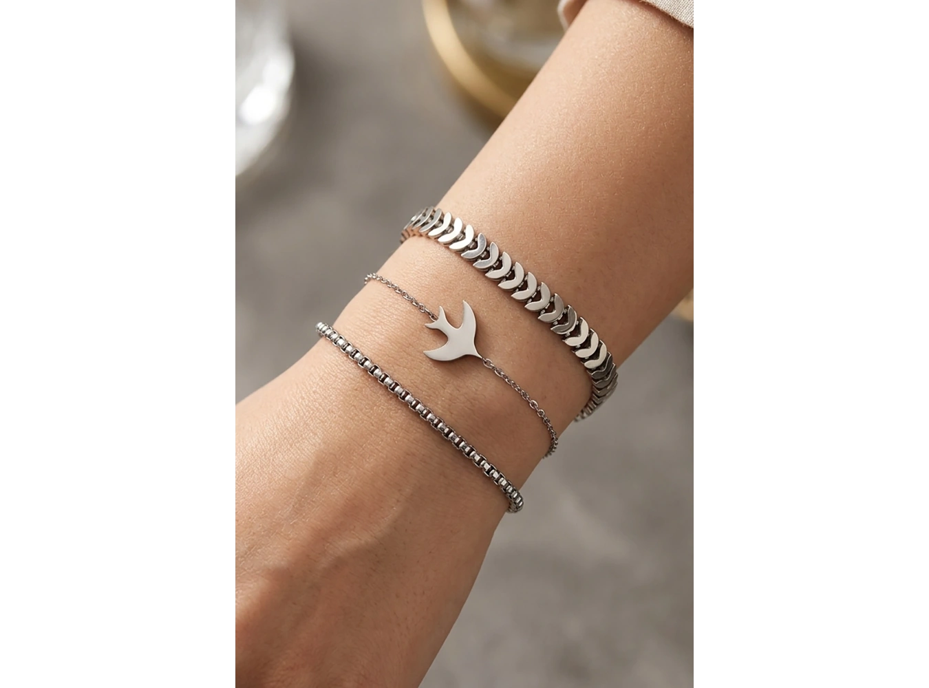 Gümüş Renk Kuş Figürlü 3lü Çelik Bileklik