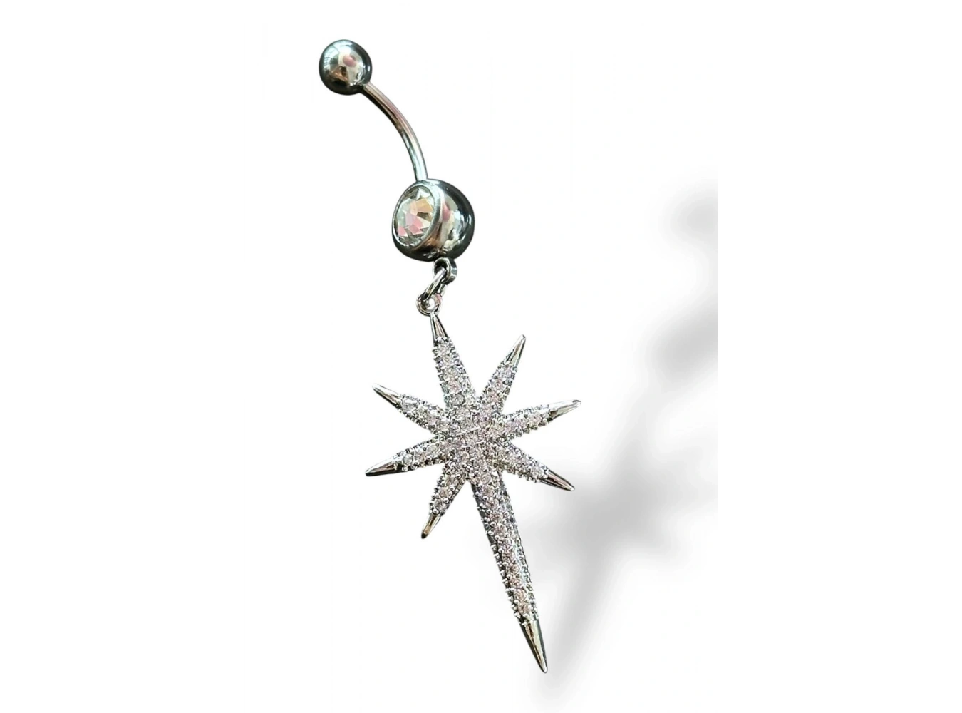 Gümüş Renk Kutup Yıldız Figürlü Taş Detaylı Cerrahi Çelik Göbek Piercing