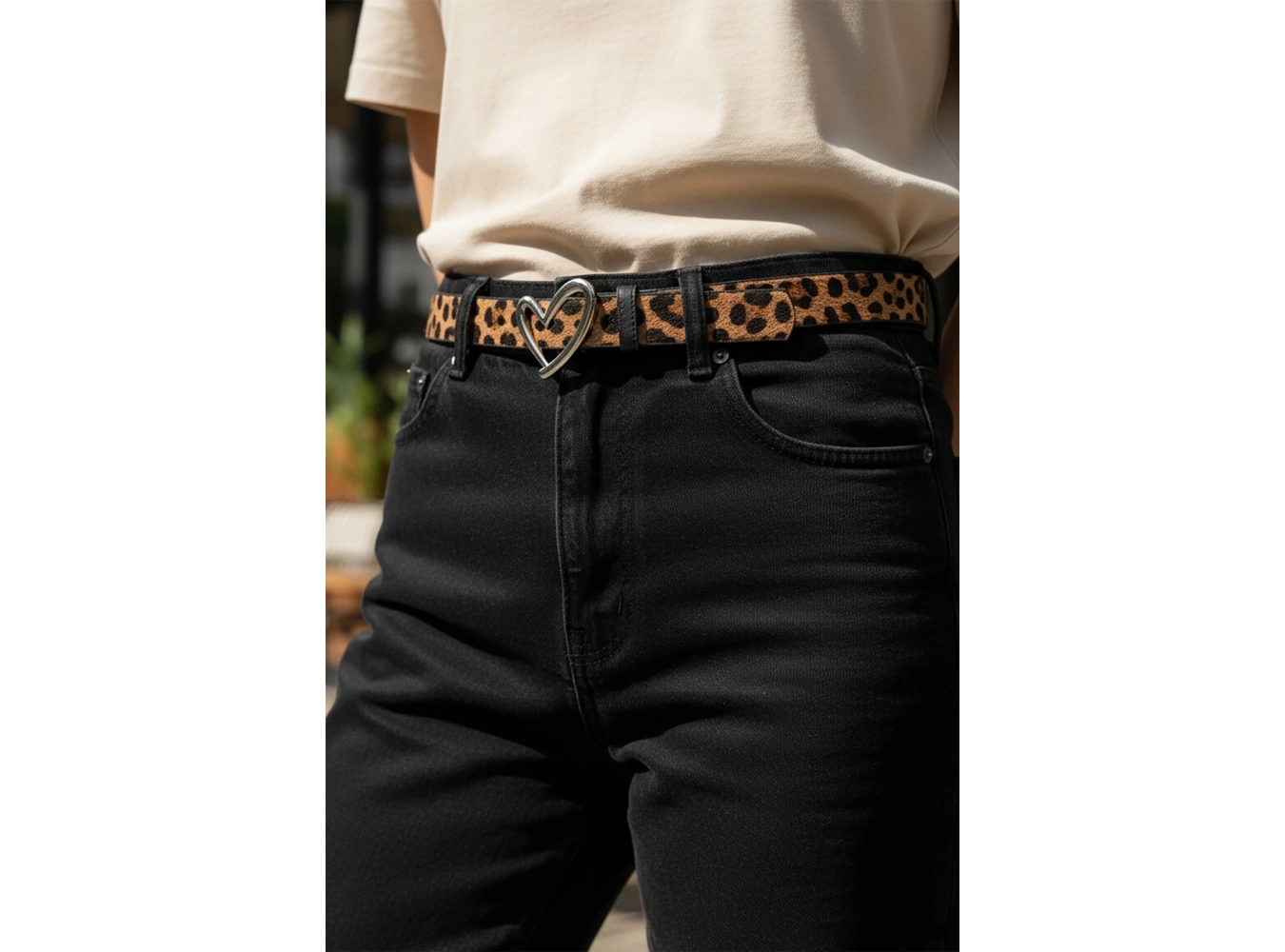 Gümüş Renk Leopar Desenli Kadın Deri Kemer