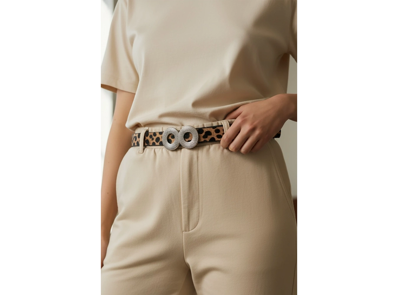 Gümüş Renk Leopar Desenli Kadın Deri Kemer