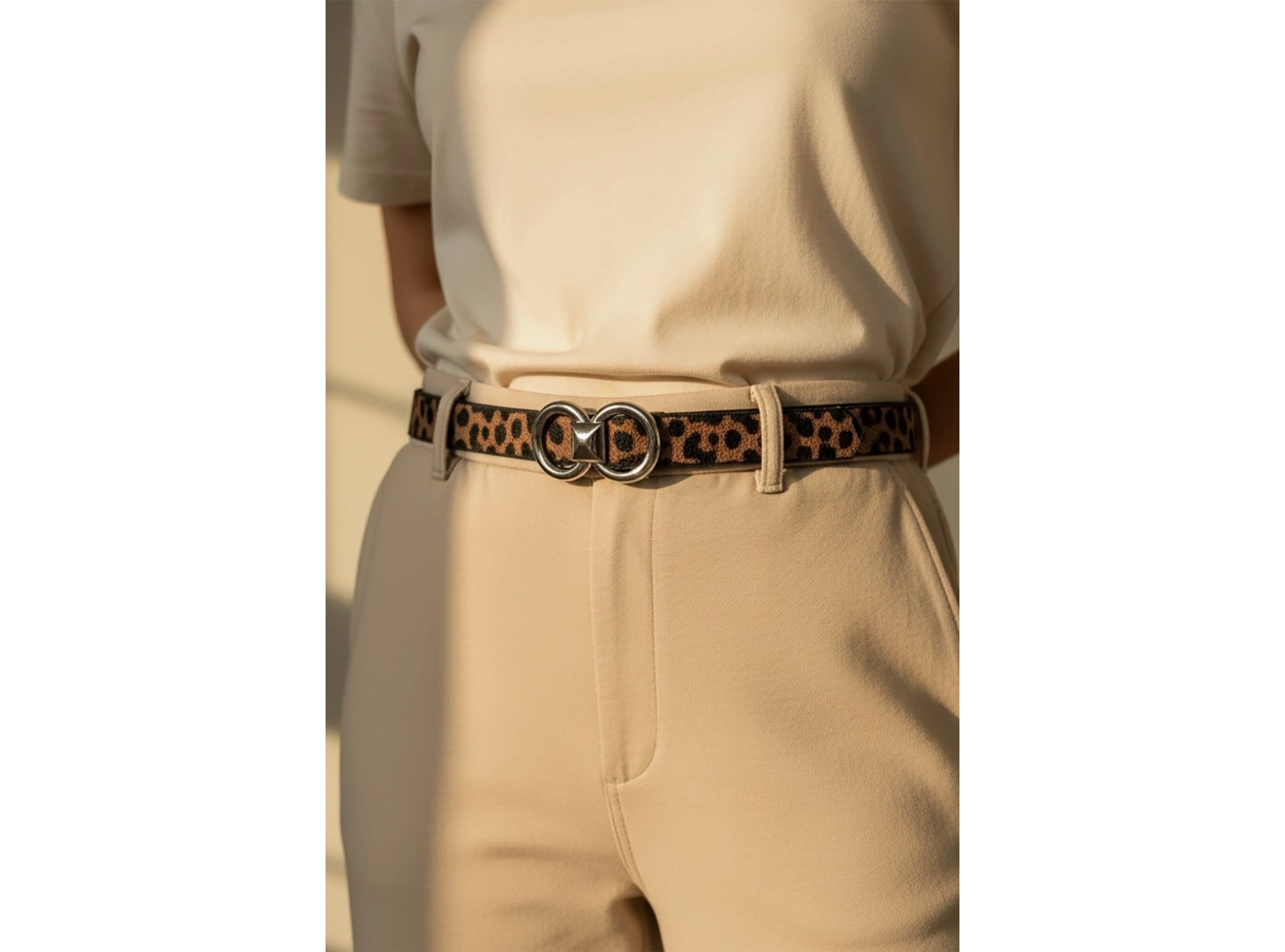 Gümüş Renk Leopar Desenli Kadın Deri Kemer